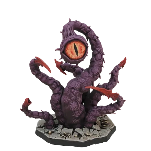 3D model of a purple tentacle monster with a large orange eye, sharp claws, and a cracked stone base.