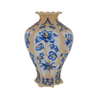 Um modelo 3D detalhado de um vaso ornamental com padrões florais azuis sobre um fundo bege, apresentado sobre um fundo branco