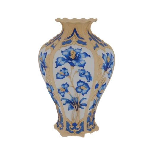 Ein detailliertes 3D-Modell einer verzierten Vase mit blauen Blumenmustern auf beigem Hintergrund, präsentiert auf einem weiß