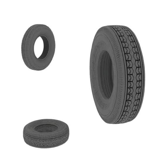3D model of a classic truck tire with detailed tread and sidewall, shown from multiple angles.
