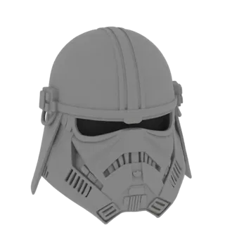Render 3D de un casco Imperial Snowtrooper gris con visor negro y placa frontal detallada.