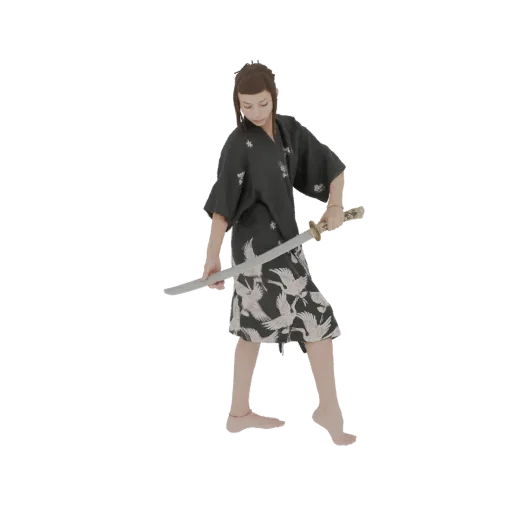 3D-Modell einer Samurai-Frau im schwarzen Kimono mit Kranichmuster, die ein Katana in einer Bereitschaftshaltung hält.