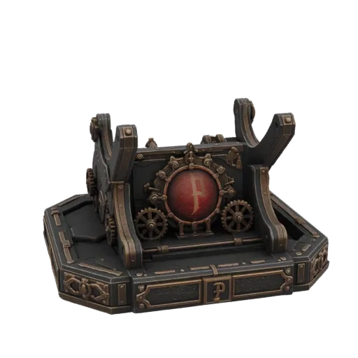 Modello 3D di un Altare Steampunk con intricati ingranaggi in ottone attorno a un emblema circolare rosso luminoso, su una ba