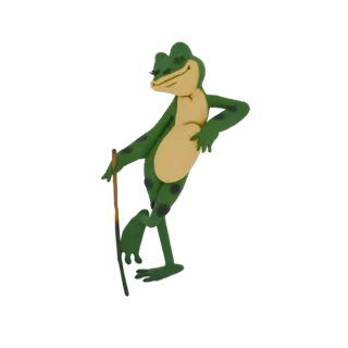 Modelo 3D de um sapo verde elegante apoiado em uma bengala de madeira com uma expressão charmosa.