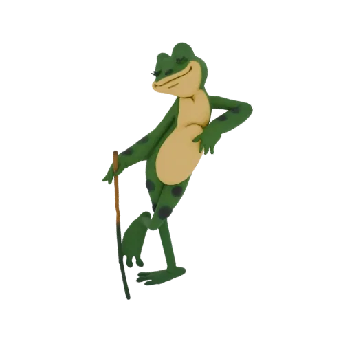 3D model of a dapper green frog character leaning on a wooden cane with a charming expression.