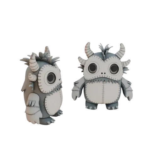 3D model of a cute, grey and white stitched monster plush toy with large eyes and small horns, shown from two angles.
