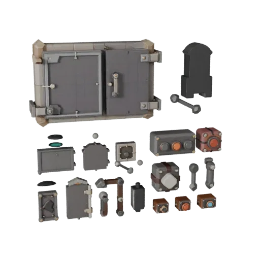 Dungeon Locked Door Panel Low Poly 3D model, game viewport three-quarter view, showing metal hinges, form detail.