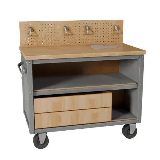Maker Tool Cart Low Poly 3D model, game viewport three-quarter view, showing steel frames, stable fixtures.