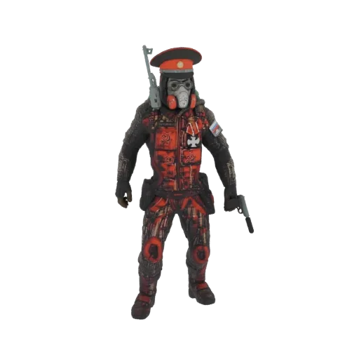 Modelo 3D de um soldado russo usando máscara de gás e segurando um rifle, com uniforme vermelho e preto desgastado.