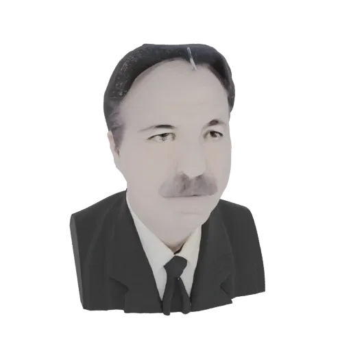 Render del modello 3D di un busto di gentiluomo classico con baffi prominenti, che indossa un abito e cravatta, su sfondo bia