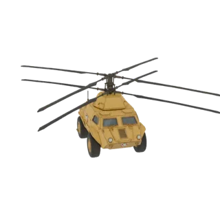 3D model of a yellow, rugged vehicle with helicopter rotors mounted on top, presented against a white background.