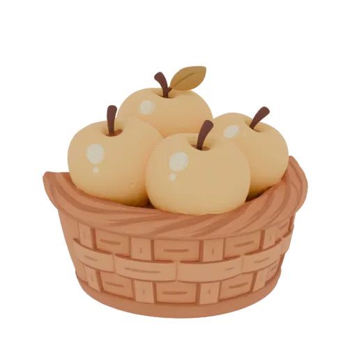 A 3D render of a woven basket filled with four golden apples, with a focus on the texture of the basket and the smooth finish