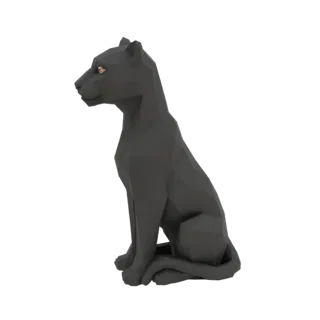 Ein Low-Poly-3D-Modell eines sitzenden schwarzen Panthers, von der Seite betrachtet, mit scharfen geometrischen Facetten und