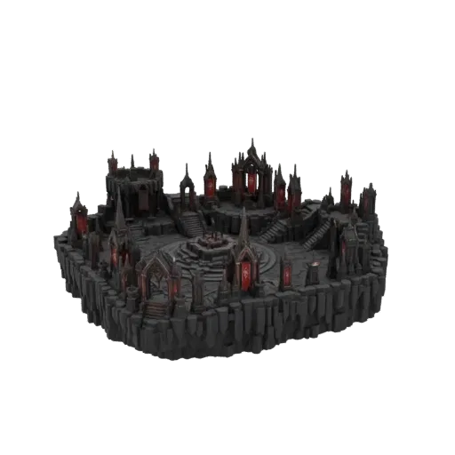 3D model of a dark gothic citadel with sharp spires, ramparts, and red banners, set on a rocky base.