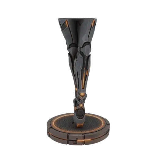 3D model of a futuristic cybernetic ballet leg with glowing orange accents, standing en pointe on a tech-inspired base.
