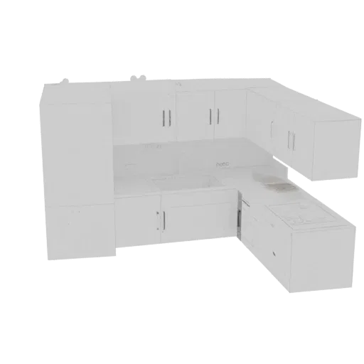 Maquette 3D d'un meuble de cuisine moderne blanc en L avec placards, évier et plan de travail.