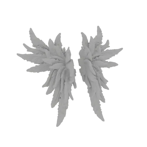A 3D model of a pair of large, feathered angel wings, spread wide and rendered in a neutral gray.