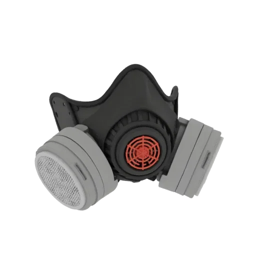3D model of a black respirator mask with grey filter cartridges and an orange central valve, set against a black background.