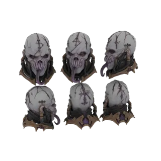 Modelo 3D de um crânio gótico de terror pálido com marcas escuras e uma língua bifurcada longa saindo de sua boca, mostrado d