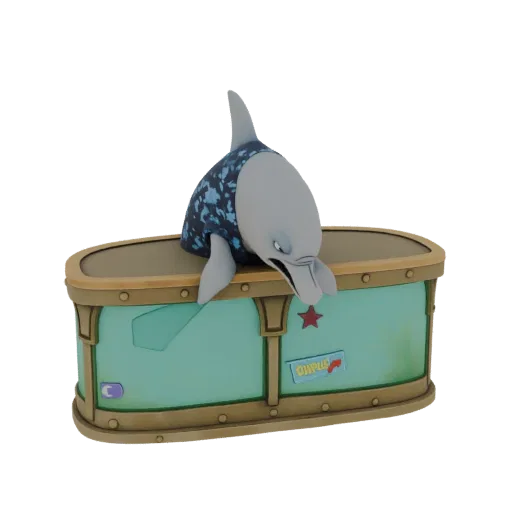 3D model of a cartoon dolphin wearing a blue vest, peeking over a teal drum with a red star.