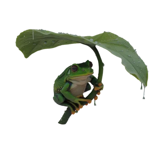 3D model of a green tree frog holding a large leaf as an umbrella, with water droplets on the leaf.