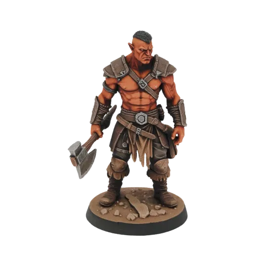 3D-Modell eines wilden Orc-Kriegers mit Axt, in Lederüstung, auf felsiger Basis stehend.