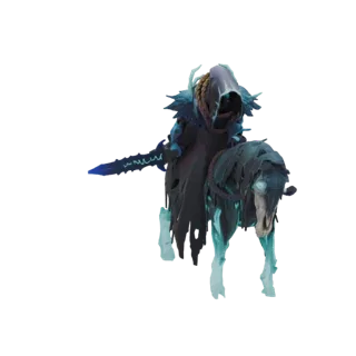 3D model of a spectral rider in dark robes, wielding a glowing sword, mounted on a ghostly horse with glowing eyes, against a