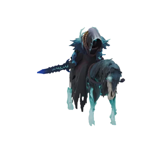 3D model of a spectral rider in dark robes, wielding a glowing sword, mounted on a ghostly horse with glowing eyes, against a