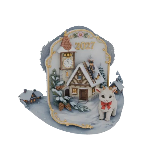 Whimsical Winter Village Scene with Goat Figurine