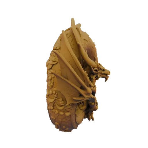 Figurine STL Dark Fantasy Dragon Boss Enroulé, rendu trois-quarts sur table, miniature de boss imprimable en résine avec aile