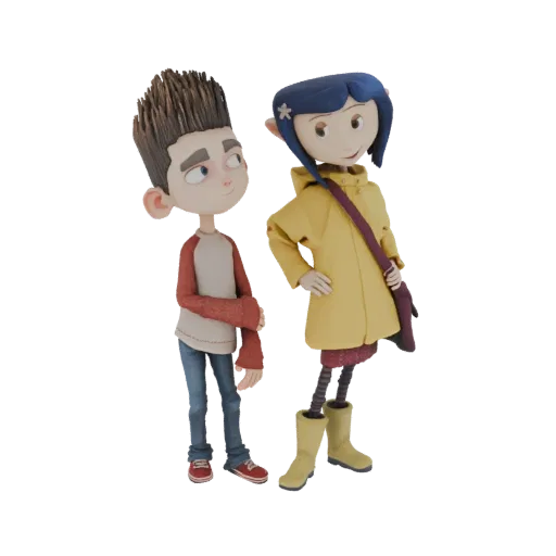 Modelo 3D de Coraline com sobretudo amarelo e Wybie em pé lado a lado, renderizado em estilo stop-motion.