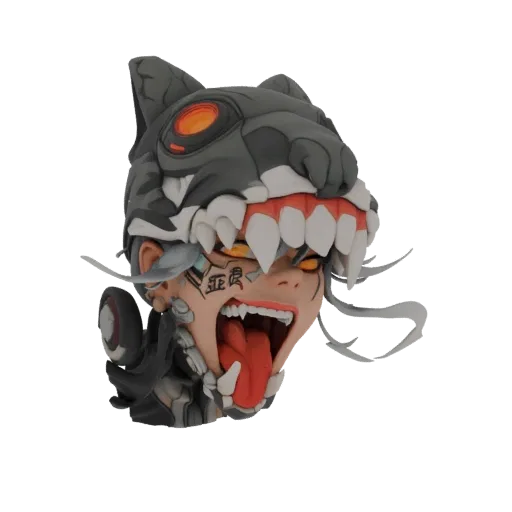 3D model of a cyberpunk character head wearing a detailed wolf mask, with glowing eyes and facial tattoos, tongue sticking ou