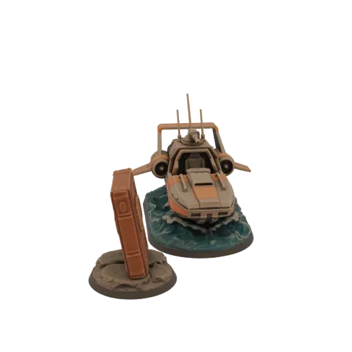3D model of a futuristic orange and grey hovercraft on a blue water base, next to a brown ancient tome on a rocky base.