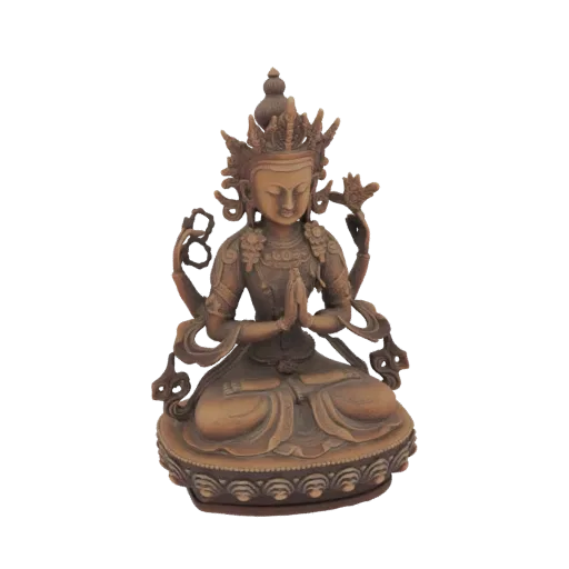 3D model of a Four-Armed Avalokiteshvara statue in a meditative pose, seated on a lotus base, with intricate details and orna