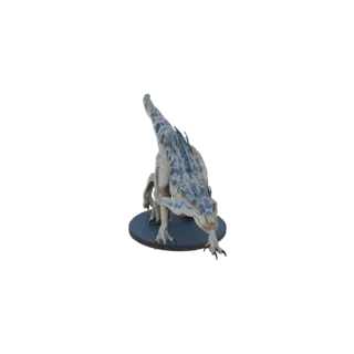 A detailed 3D model of a Blue Velociraptor dinosaur in a low, predatory stance against a black background.