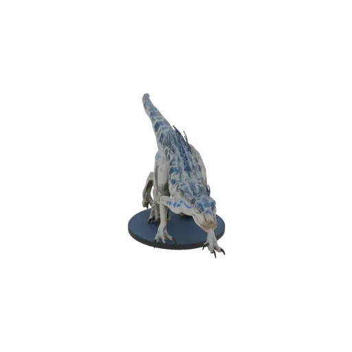 A detailed 3D model of a Blue Velociraptor dinosaur in a low, predatory stance against a black background.