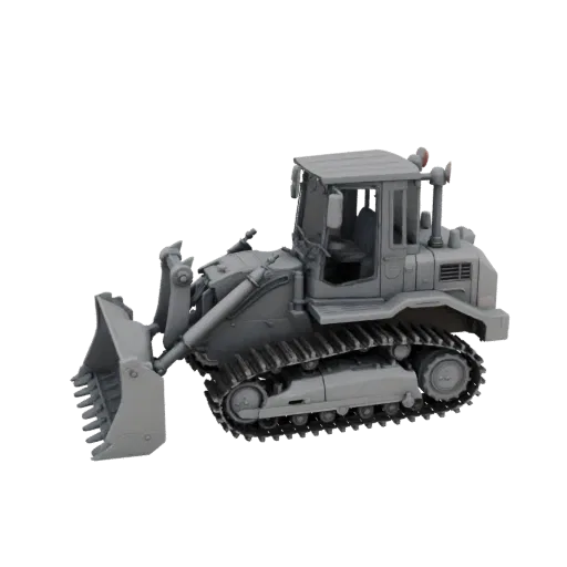 Mining Bulldozer Printable 3D model, isometric STL render, showing painted steel, large mechanical silhouettes.