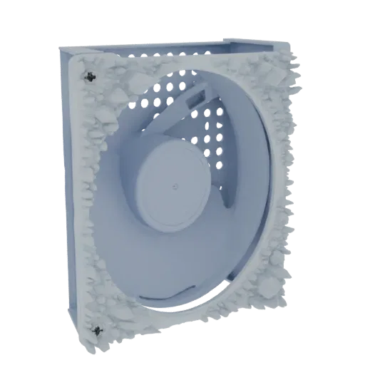 3D model of a computer fan grille with a detailed frosty, ice-like texture covering its frame and edges.