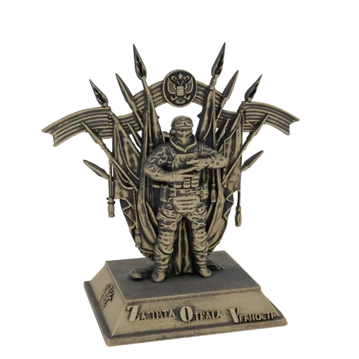 3D model of a soldier in tactical gear standing with crossed arms, flanked by flags and a central emblem, with a bronze finis