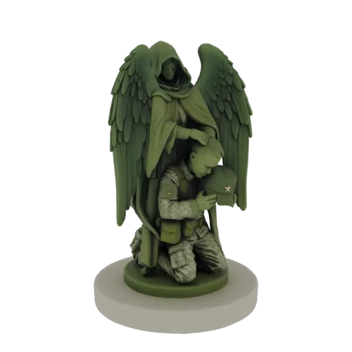 3D model of a guardian angel with large wings, placing a hand on the helmet of a kneeling soldier in uniform.
