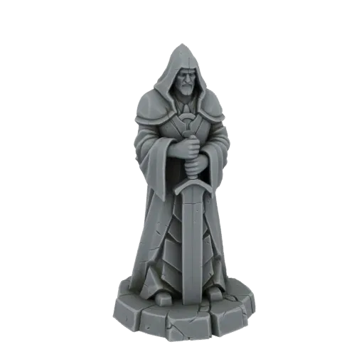 3D model of a hooded warrior figure with a greatsword, standing on a stone base, rendered in gray plastic.