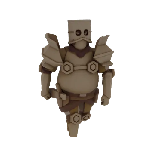 3D model of a stout fantasy knight with a barrel-shaped helmet and beige armor, holding a sheathed sword.