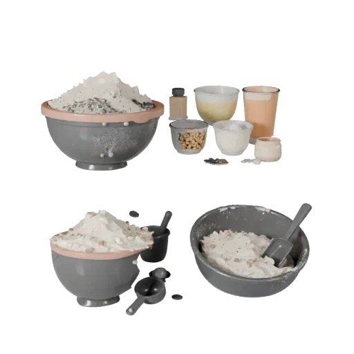 Baking Flour Bowl Stylized 3D model, stylized isometric render, showing powders, small ingredient shapes.