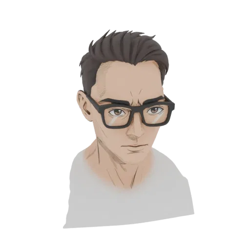 3D model render of an anime-style man with short brown hair, wearing black-rimmed glasses and a white t-shirt, looking forwar