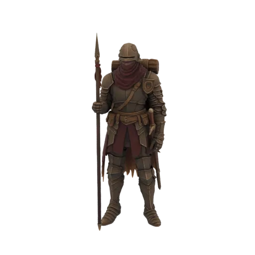 3D model of a medieval knight in full armor, holding a spear and wearing a backpack, against a black background.