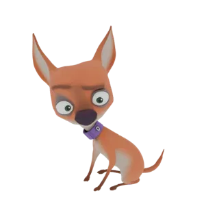 Modèle 3D d'un chien Chihuahua inquiet assis, avec de grands yeux verts et un collier violet.