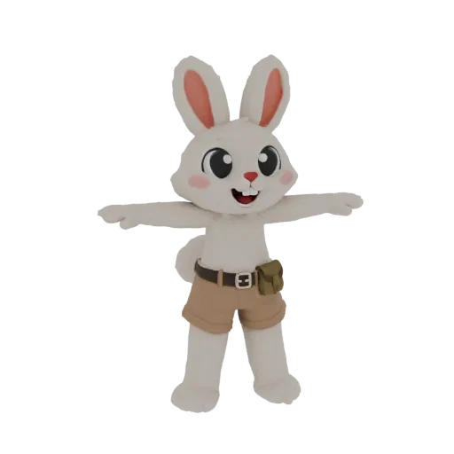 3D model of a white rabbit character dressed as an explorer, wearing shorts and a utility belt, with arms outstretched.