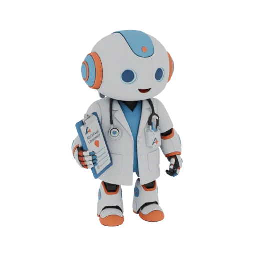 3D model of a friendly cartoon robot doctor wearing a lab coat and holding a clipboard.
