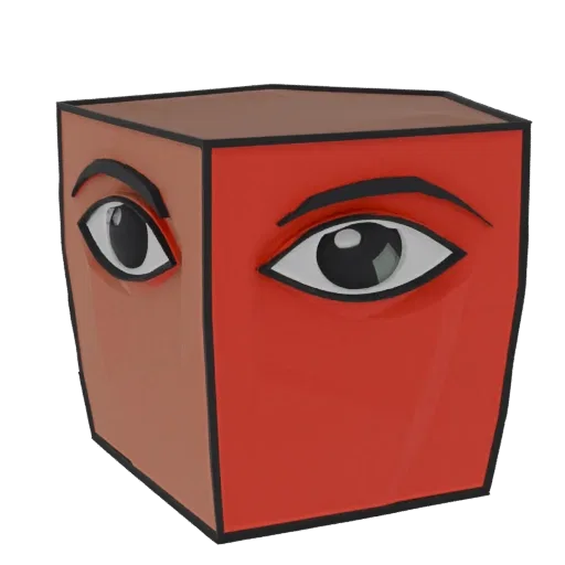 3D model of a red cube with large, stylized eyes and black eyebrows, presented against a white background.