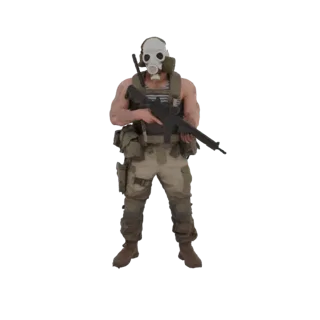 3D-Modell eines Soldaten mit weißer Gasmaske, taktischer Weste und Camouflage-Hose, der ein Sturmgewehr hält.
